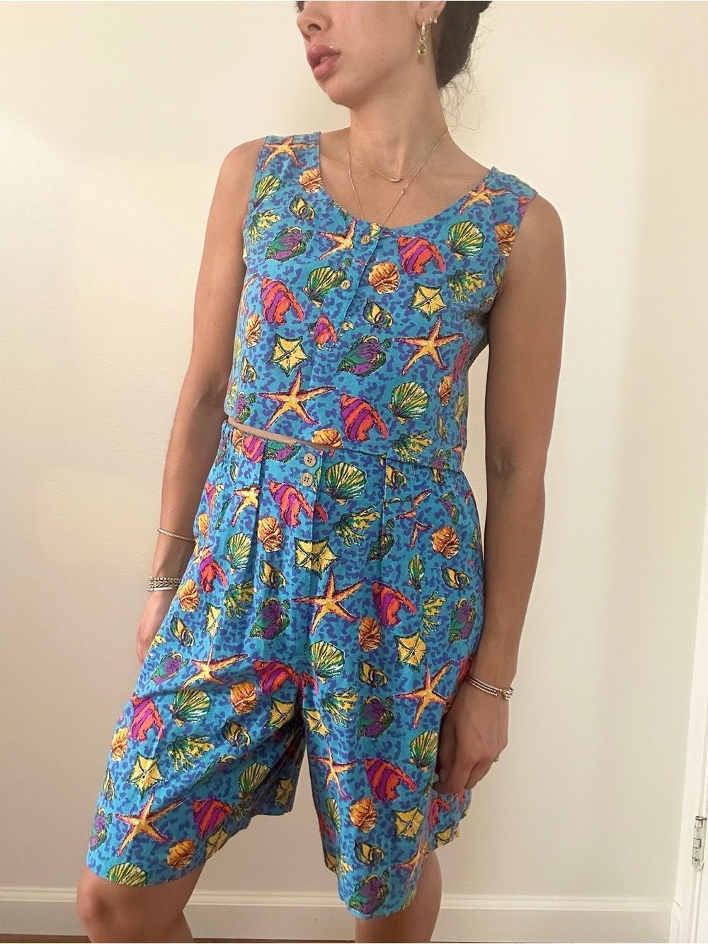 Vintage 90’s Two Piece Shorts & Cropped Tank Set Fish Tropical Print Size S